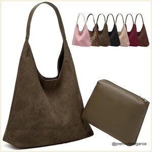 Large Faux Suede Work Tote Bag, Boho Slouchy Hobo Purse for Women